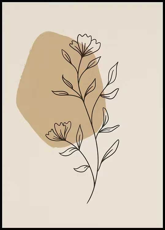 Minimalist line art of two flowers with leaves on a beige and light brown abstract background.